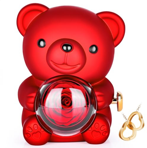 UEsvathr Rosa Stabilizzata,Orsacchiotto di Rose per San Valentino,Collana di Rose Stabilizzate con Scatola Girevole,Regalo per San Valentino,Regalo per la Festa della Mamma,Regalo di Compleanno