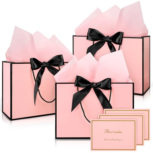 Vivantia Medium Gift Bags Set 3 Pack Pink Paper Gift Bag with Black Edge Greeting Cards Ribbons Tissue Papers Present Bags with Handles for Gift Wrapping Birthday Wedding Baby Shower