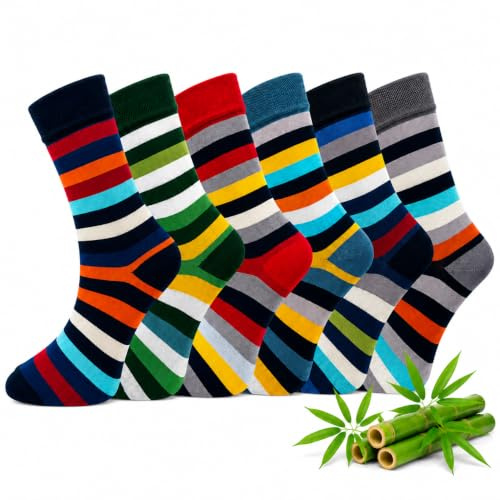 ARG Bamboo Crew Socks for Men and Women, 6-Pair Colourful Striped | 84% Bamboo fiber Multipack with Contrast Heels and Toes, Soft, Breathable Natural Bamboo, Seamless Toe Made in Turkey