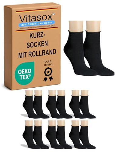 Vitasox Calzini corti da donna con bordo arrotolato, confezione da 12 pezzi, comodi calzini in cotone senza cuciture pressanti, traspiranti e morbidi, per tutti i giorni, tempo libero e ufficio, tinta