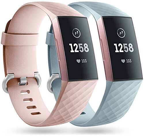 Faliogo 2-pack ersättningsarmband kompatibelt med Fitbit Charge 3 armband/Fitbit Charge 4 armband, klassiska sportband för kvinnor män, små, rosa/mynta