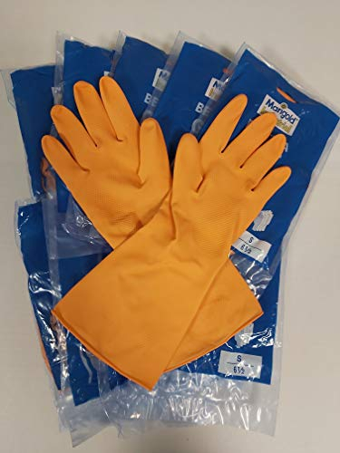 DSTOCK60- 10 Pares de guantes de goma impermeables reutilizables naranjas de manga larga- Talla S, 6,5- Limpieza del hogar, fregar vajilla, cocina, ropa
