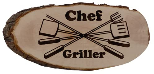 Chef Griller Grillbesteck Baumscheibe Rindenscheibe Spruch Gravur Schild Geschenk Holz Erle unbehandelt + Aufhänger 21-40 cm Wählbar (1001 27-32 cm)