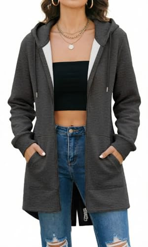 Tuopuda Dam Felpa med Kapuz Jacka Elegant V-ringning Top Långärmad Cardigan Felpa med Dragkedja 2 fickor Höst Vinter Sweatshirt Kapott Elegant Pullover Hoodie Jumper, Mörkgrå, S