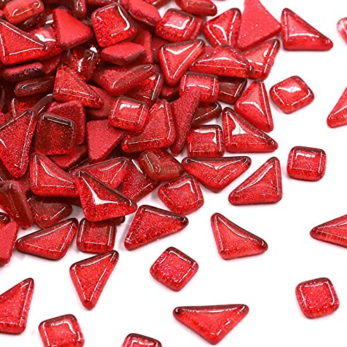 Glas Mosaiksteine 200g, Quadrat und Dreieck Mosaikfliesen Glasfliesen Glitzerkristall Glasmosaik, Glassteine Mosaik Steine für Basteln, Haus Deko(Rot)
