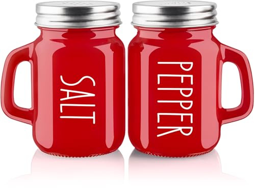 ZOSUJO Juego de saleros y pimenteros rojos de 4 onzas bonitos y modernos de cristal con tapas de acero inoxidable decoración de cocina roja de granja y accesorios para el hogar restaurantes bodas