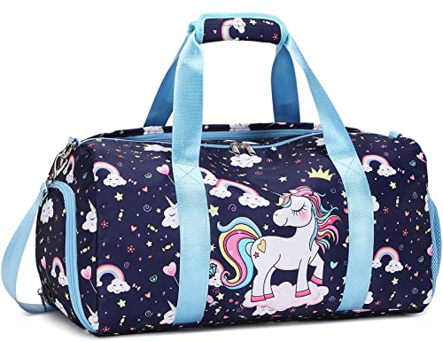 Jumpopack Sportväska Flicka Väska Sport Flicka Enhörning Resväska Kvinna Väskor Gym med fack, Blå, 18”L*9.75”H*8”W