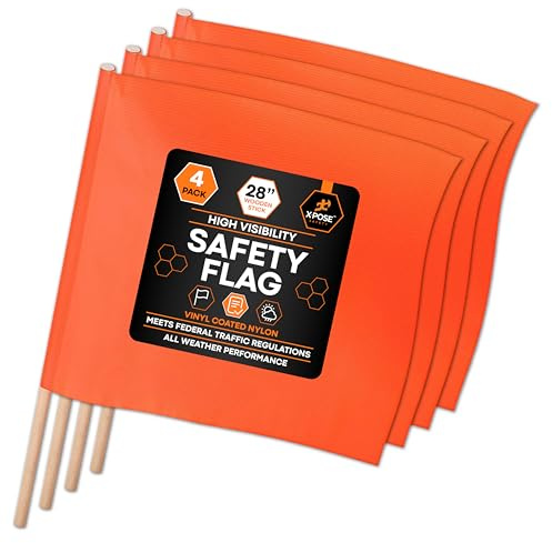 Xpose Safety Orange Safety Flags - 18 x 18 Warning Flags with 28 Wood Staff - 4-Pack Square Safety Flag for Wide Loads, Roof Work, Oversize Signs, Truck Towing, Caution & Red Flag