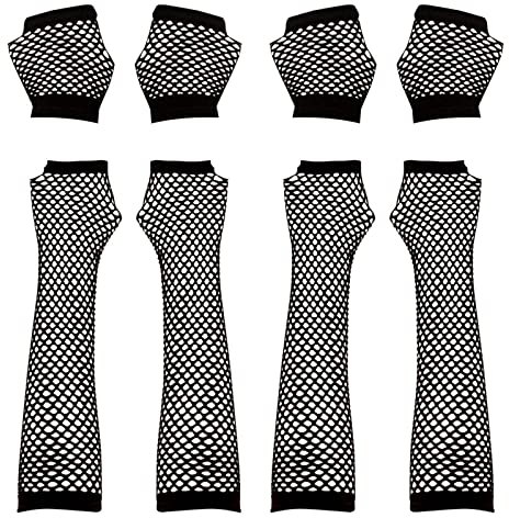 AWAVM Lang und Kurz Fischnetz Handschuhe - 4 Paar Schwarz Fingerlose Mesh Handschuhe für Damen - Abendhandschuhe für 80er Jahre Kostüm Party