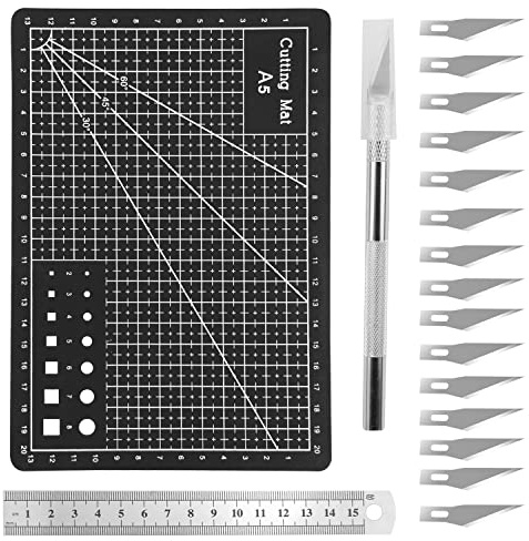 Set Tappetino da Taglio, Tappetino Modellismo in Formato A5/Lama di Ricambio/Coltello da Intaglio/Verde/22x15cm/Base Autorigenerante/per Lavori Artistici e Artigianali