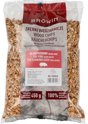 Browin® Trucioli di legno di ontano e faggio, 450 g, 780840, miscela 7:3, per carne e pesce, trucioli di affumicatura da 6 a 8 mm, per affumicare, grigliare e grigliare