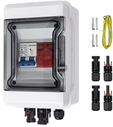GTYORUS Boîte Photovoltaïque,DC überspannungsschutz PV Solar Trennschalter mit Solarstecker 1 String 500V Photovoltaik DC Leitungsschutzschalter Blitzschutz Erdung für PV Anlage(1 in 1 Out,25A)