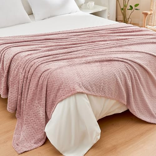 Rendile - Manta grande, 200 x 230 cm, franela forro polar, tamaño King, 300 g/m², tejido jacquard suave, patrón de hojas, manta de lujo para cama y sofá, color rosa