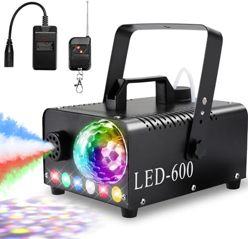 Máquina de Humo con Bola de Discoteca, 6 LED RGB, 600W 5000 CFM Spray, con Función de Pulverización Automática, Humo Halloween, Maquina de Niebla, Ideal para Halloween, Navidad, Bodas y Fiestas