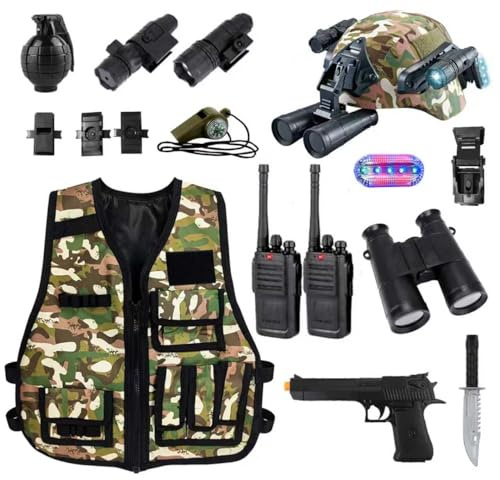 KalaDuck Vestito Militare Bambino, 12Pezzi Giocattolo Accessori Militari con Casco Militare Airsoft, Gilet Mimetica e Walkie-Talkie, Gioco di Ruolo Carnevale Costume Soldato per Ragazzi Ragazze