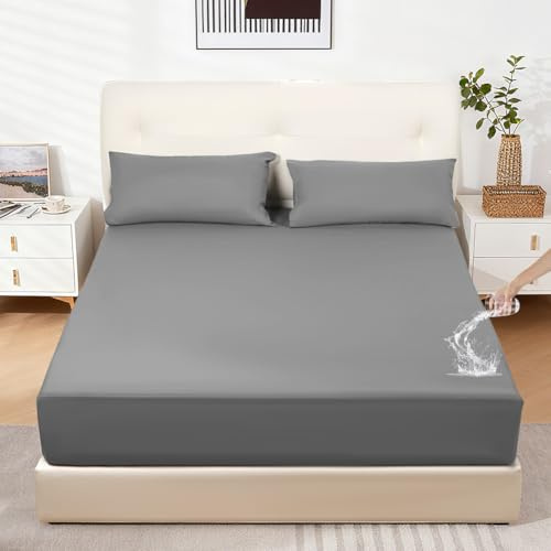 DUJUIKE Sábana Bajera 100% Impermeable, Protector de Colchón para Hogares de Mascotas, Dormitorios de Niños y Adultos, Bolsillos Profundos, Apto para Colchones de 20-40 cm(Gris,90x200cm)