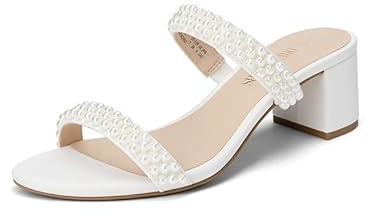 DREAM PAIRS Women's Low Block Heel Slip On Mule Sandals,White-Pearl,8