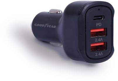 Goodyear Caricatore 2 USB e 1 USB-C, 3 Porte Per Presa Accendisigari, Auto, Carica Rapida, per iPhone 16/15/14/13/12/11 X,Samsung Galaxy S24/S23/S22/A54,Xiaomi,Huawei