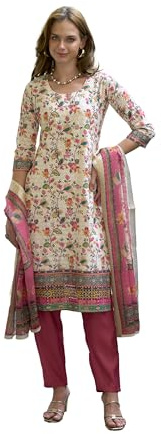 Indian Women's Readymade Salwar Suit Set with Printed & Stylish Embroidered, Matching Dupatta, Cream-27, 42