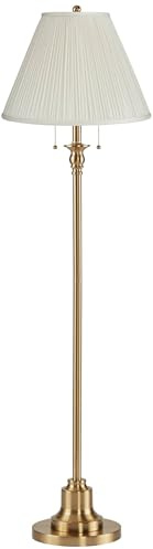360 Lighting Dyna Traditional 58 Tall 2-Light Standing Floor Lamp Skinny Pole Pull Chain Gold Antique Brass Finish Living Room Bedroom House Reading Office Home Decor Off-White Pleated Shade