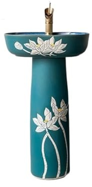 Lavandino a piedistallo Lavandino con piedistallo in ceramica verde, lavabo indipendente con rubinetto e kit di scarico