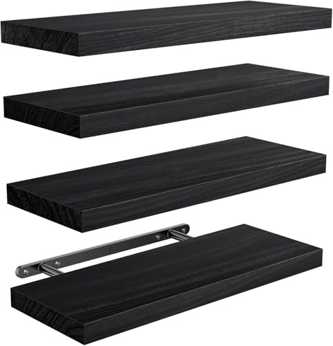 Pipishell Étagères Murales, Etagere Murale de 40 cm, étagères murales en Bois de Paulownia, Ensemble de 4 étagères en Bois pour Salle de Bain, Chambre, Bureau, Salon, Cuisine, etc. (Noir)