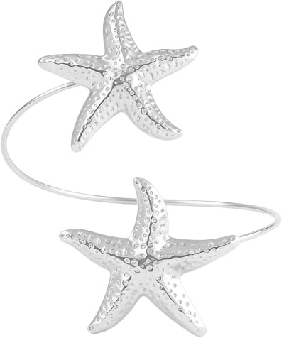 Miaija Starfish Shell Cuff Bracelet Upper Layered Cuffs Bangle Adjustable Metal Armband Open Arm Cuff Beach Armlet Boho Summer Sea Coral Arm Jewelry for Women Party,8.5 * 9.5cm(Silver)