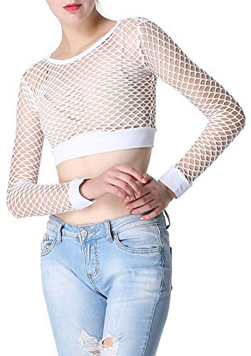 Femme Sexy Manche Longue Crop Top Resille Haut Court Noir Coupe Slim Club de Nuit Grande Taille Hollow Out T-Shirt Babydoll Bikini Blanc XL