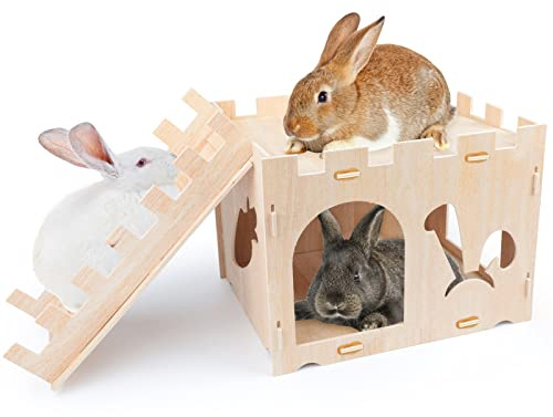 BWOGUE Extra Large Wooden Rabbit Castle Bunny House and Hideouts Detachable Small Animal Play Hideaway Hut for Indoor Adult Rabbit Guinea Pig Chinchilla Habitat