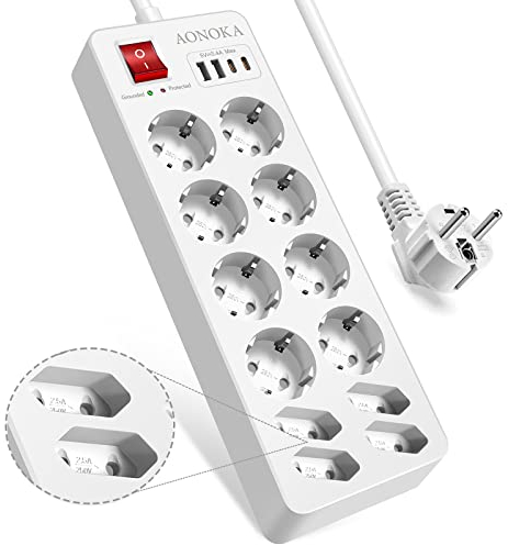 Mehrfachsteckdose Überspannungsschutz 12-Fach mit USB C,Steckdosenleiste mit Schalter,Steckerleiste mit 2 USB-C und 2 USB-A Steckdosenadapter Mehrfachstecker Wandmontage Verlängerungskabel 1,5M,Weiß