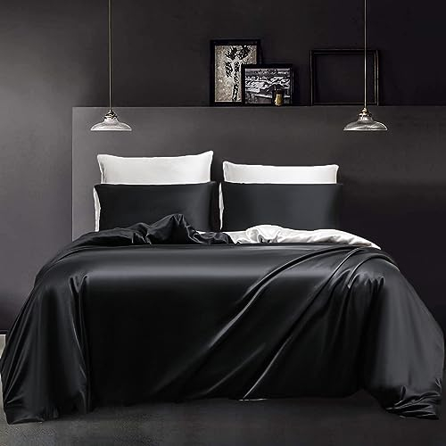 YASMENG Juego de ropa de cama de 200 x 200 cm, satén negro y blanco, reversible, elegante, moderno, juego de ropa de cama de satén suave y liso, brillante, 3 piezas con cremallera y 2 fundas de