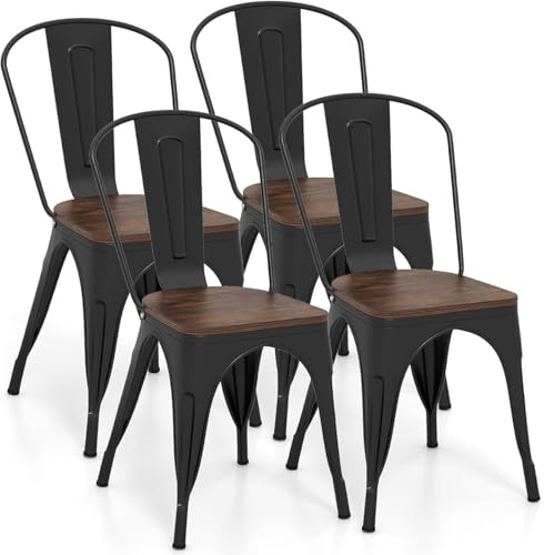 TANGZON Dining Chairs Set of 4, Stackable Steel Tolix Kitchen Chairs with Slat Backrest & Elm Wood/Hollowed Seat, Industrial Bistro Side Chair for Dining Room Restaurant Patio