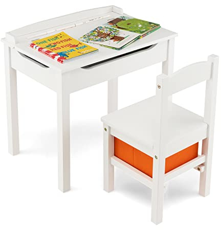 RELAX4LIFE Scrivania per Bambini in Legno con Sedia, Coperchio Apribile Contenitore, Cerniera, Gancio per Zaino e Scatola per Età 3+ Anni (Bianco)
