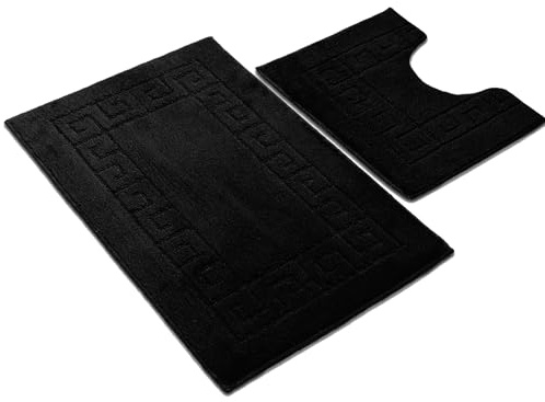 Ambience Products Greek Key Pattern Bath Mats 2 Piece Sets Non Slip Bathroom Mat, Soft Washable Rug Quick Dry Water Absorbent Bathroom Shower Mat & Pedestal Set (Black)