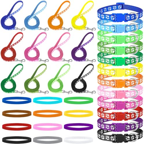 JieyueJewelry Set med 36 st hundhalsband och koppel, justerbar, säkerhet, snabbspänne, flerfärgad, S, små hundar, valp, nylon, metall