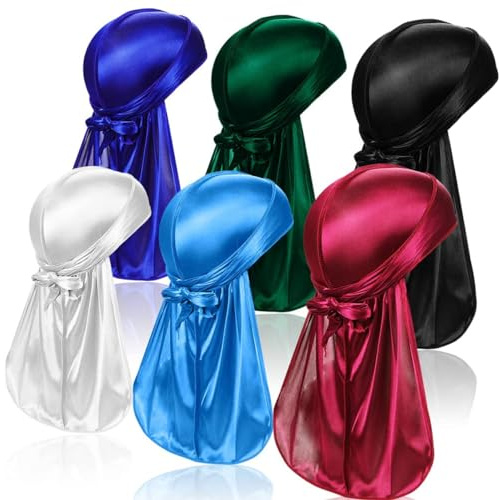 MQLSAERI 6 piezas de seda para hombres Durag, paquete Durags Do Rags con cola larga y correas anchas para hombres y mujeres - 6 colores