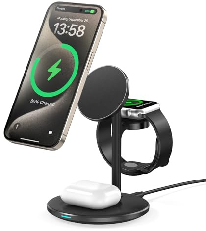DEESOOCO mag-Safe - Estación de Carga para iPhone 15 (15 W, 14,3 en 1, estación de Carga inductiva para Varios Dispositivos, Cargador mag-Safe para iWatch Ultra 2/1/Series 9, AirPods, Color Negro)