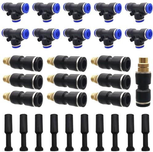 Atomizing Nozzles, Dujelixa Brass Straight-Through Irrigation Spray Nozzles, 10Pcs Misting Nozzle with 10Pcs T -Type Connector + 10Pcs Choke Plug for Irrigation, Watering, Greenhouse, Lawn