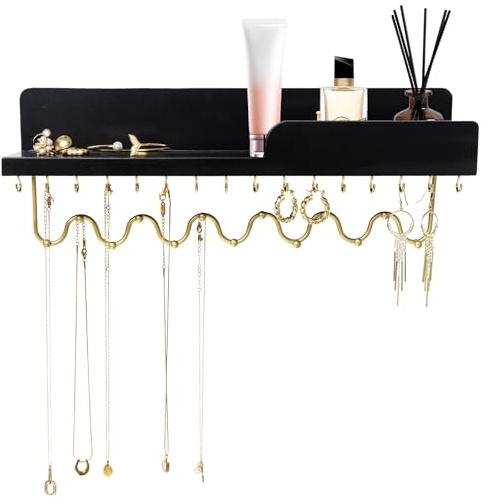 Lampaggio Hanging Jewelry Organizer with 29 Hooks and Cosmetics Shelf, Modern Wood Wall Mounted Jewelry Holder for Necklaces, Bracelets, Earrings and Rings, Black