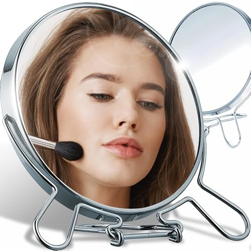 Retoo Doppelseitig Kosmetikspiegel mit 1-Fach und 2-Fach Vergrößerung, Silber Makeup Spiegel, 360°Schwenkbar Tischspiegel für Schminken, Rasieren, Standspiegel, Schminkspiegel, Rasierspiegel