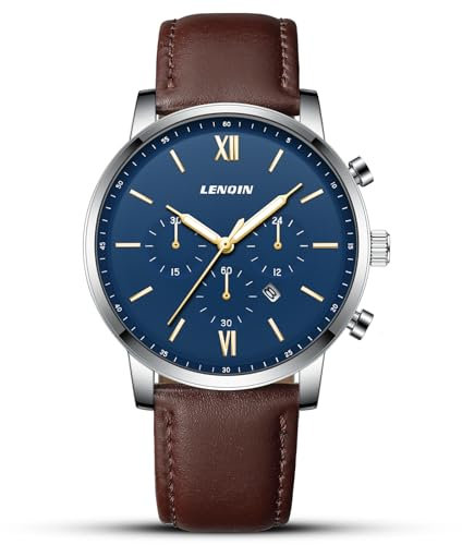 LN LENQIN Herrenuhren Analog Quarzuhren mit Lederarmband 30M Wasserdicht Armbanduhren für Männer mit Auto Datum Elegantes Geschenk für Männer -kaffeeblau