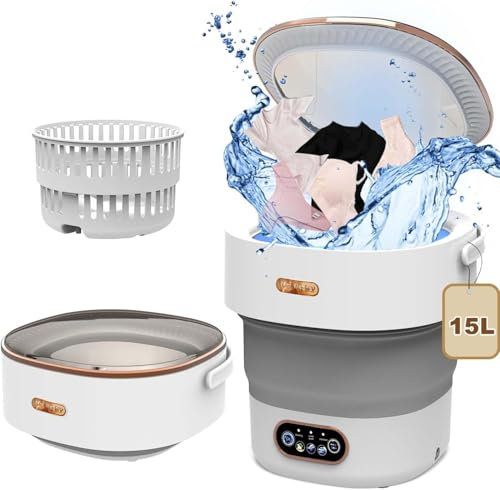 Vikbar minitvättmaskin, 15 L, mobil tvättmaskin, 22 W, liten tvättmaskin med torktumlare, 2-i-1, 3 rengöringslägen för barn, för strumpor, underkläder, resor (grå)