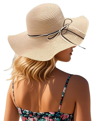 MILAKOO Large Bord Chapeau de Paille pour Femmes Pliable Chapeau de Soleil de Plage d'été Cap pour l'extérieur avec Corde Réglable