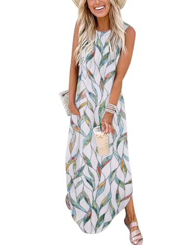 GRMLRPT Robe Longue Femme Bohème Chic Maxi Dress sans Manches à Motifs Imprimés Style Décontracté Tenue pour Été Plage Vacances Voyage Estivale(Vert,XXL)