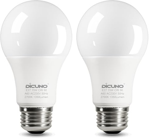 DiCUNO 15W E27 LED Lampe, Super hell ersetzt 100W, 2700K Warmweiß, 1350lm, A60 Matt Edisonbirne, CRI 90, 220° Abstrahlwinkel, flimmerfrei, nicht dimmbar, 230V Energiesparlampe, 2er Pack