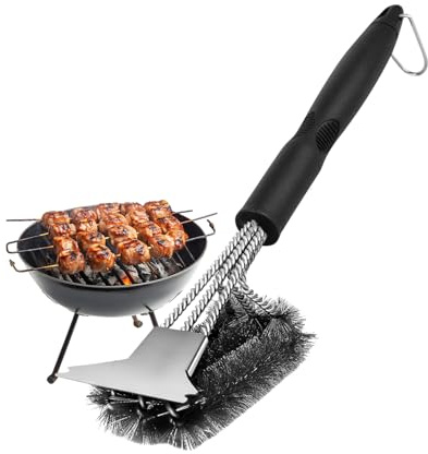 FRUHLING 43cm Grillbürste Edelstahl Grillrost Bürste Grill Reinigungsbürste Lang mit Spatel 3-Fach Bürstenkopf PP Wärmedämmung Griff für Gasgrill Holzkohlegrill Elektrogrill Grillrost
