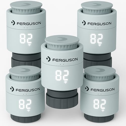 Ferguson 5X Smart Thermostatkopf ZigBee – Heizkörperthermostat programmierbar mit App Steuerung, Funkthermostat für Smart Home Set kompatibel mit Home Connect System