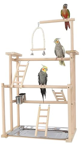 Dynaeuty Bird Playground, Parrot Perch Stand, Natural Wood Parrot Playstand with Feeder Cups, Bird Cage Accessories, for Cockatiel Parakeet Lovebird Budgie(3 Layers)