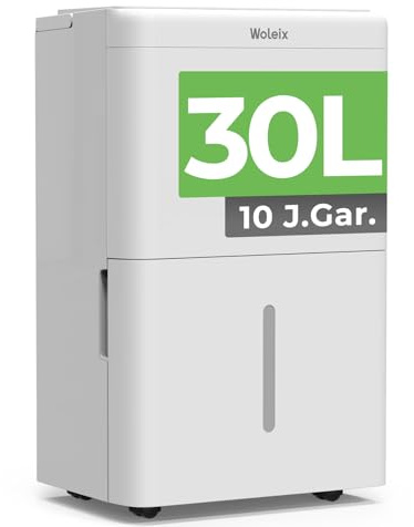 Woleix Luftentfeuchter elektrisch 30L, Entfeuchter elektrisch für Keller, Raumentfeuchter elektrisch 40dB für Räume bis zu 245m³/90m², mit Filter und 1M Ablaufschlauch, Timer, 10 J. Gar.