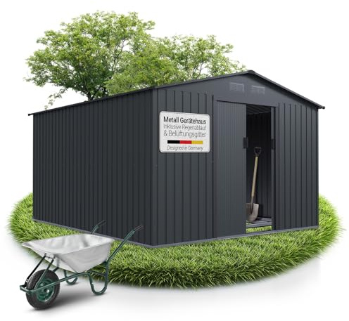 Juskys Geräteschuppen Metall XXL – Gartenhaus & Gerätehaus mit Schiebetür, Fundamentrahmen & Schloss, wetterfester Gartenschrank zur Aufbewahrung – Dunkelgrau